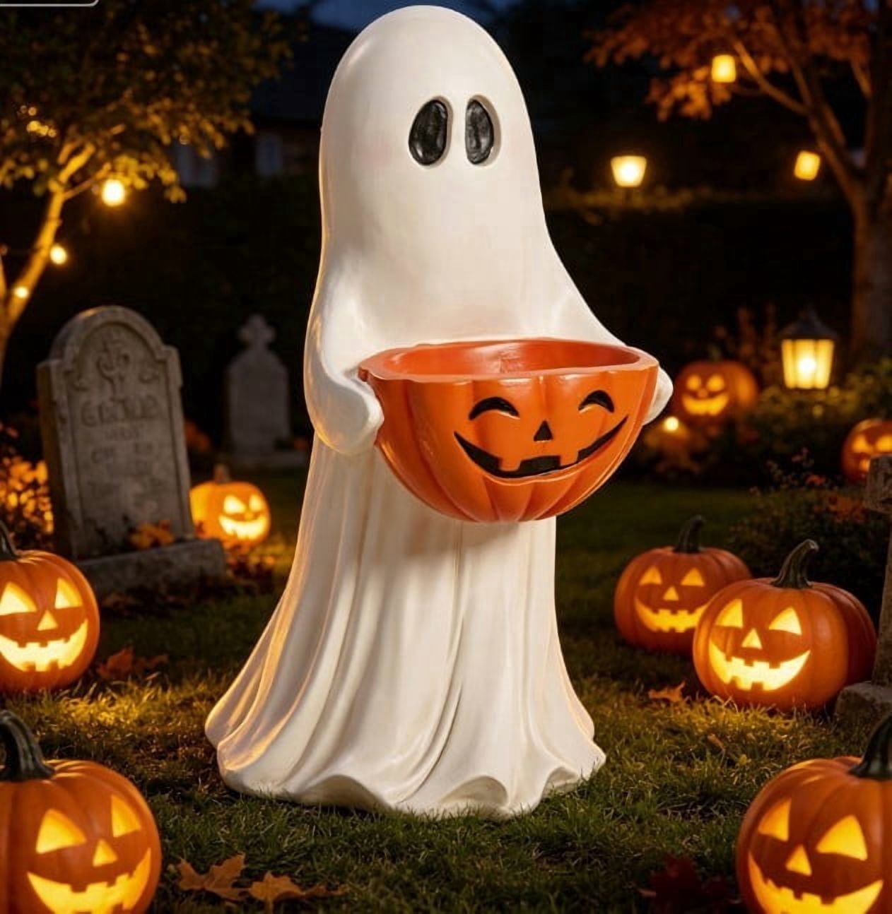 Halloween Ghost Figurine with Pumpkin Candy Bowl, Resin Spooky Ghost Statue Holding Jack O Lantern Treat Bowl, Cute Ghost Candy Holder Tabletop Decor for Front Door Decorations White