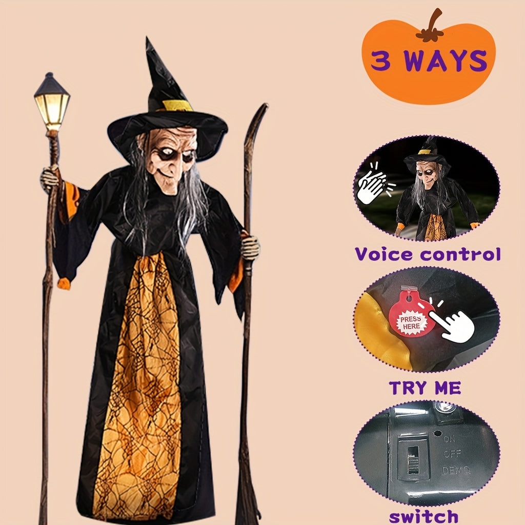 Halloween animated witch with sound and light effects (AAA batteries not included), perfect for haunted house decoration, voice-activated witch party horror hangings, Halloween escape props