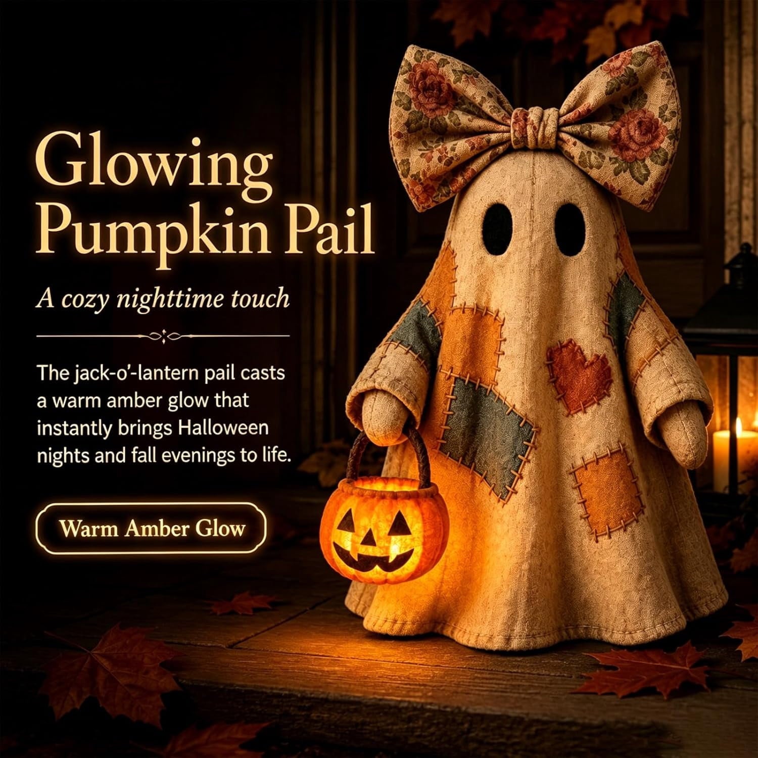 Lighted Vintage Patchwork Ghost, Light Up Ghost with Pumpkin Lantern Halloween Decor, Vintage Halloween Patchwork Ghosts Lamp, for Mantel Shelf Entryway Porch