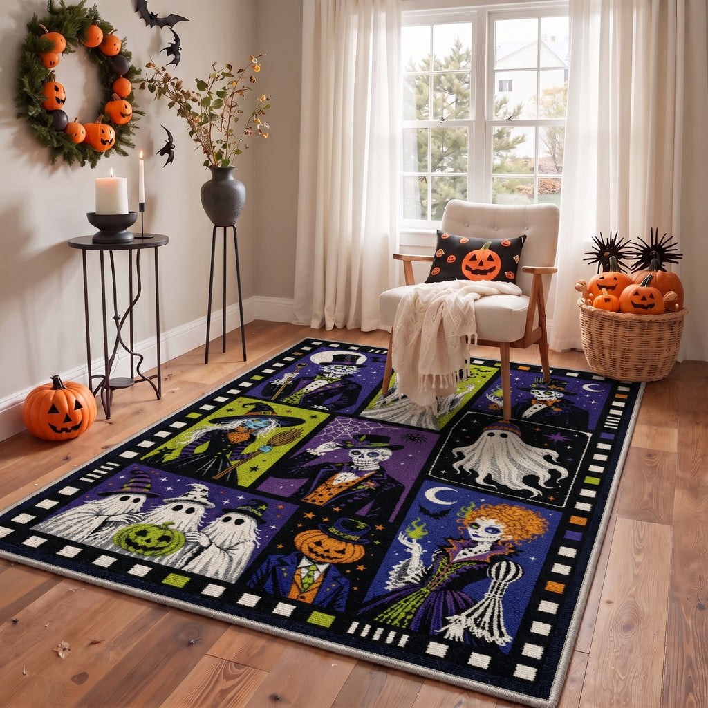 GENIMO 2'x7' Halloween Runner Rug, Washable Non Slip Soft Whimsical Skeleton Indoor Outdoor Hallway Runner for Porch Patio Kitchen Entryway, Charcoal Black