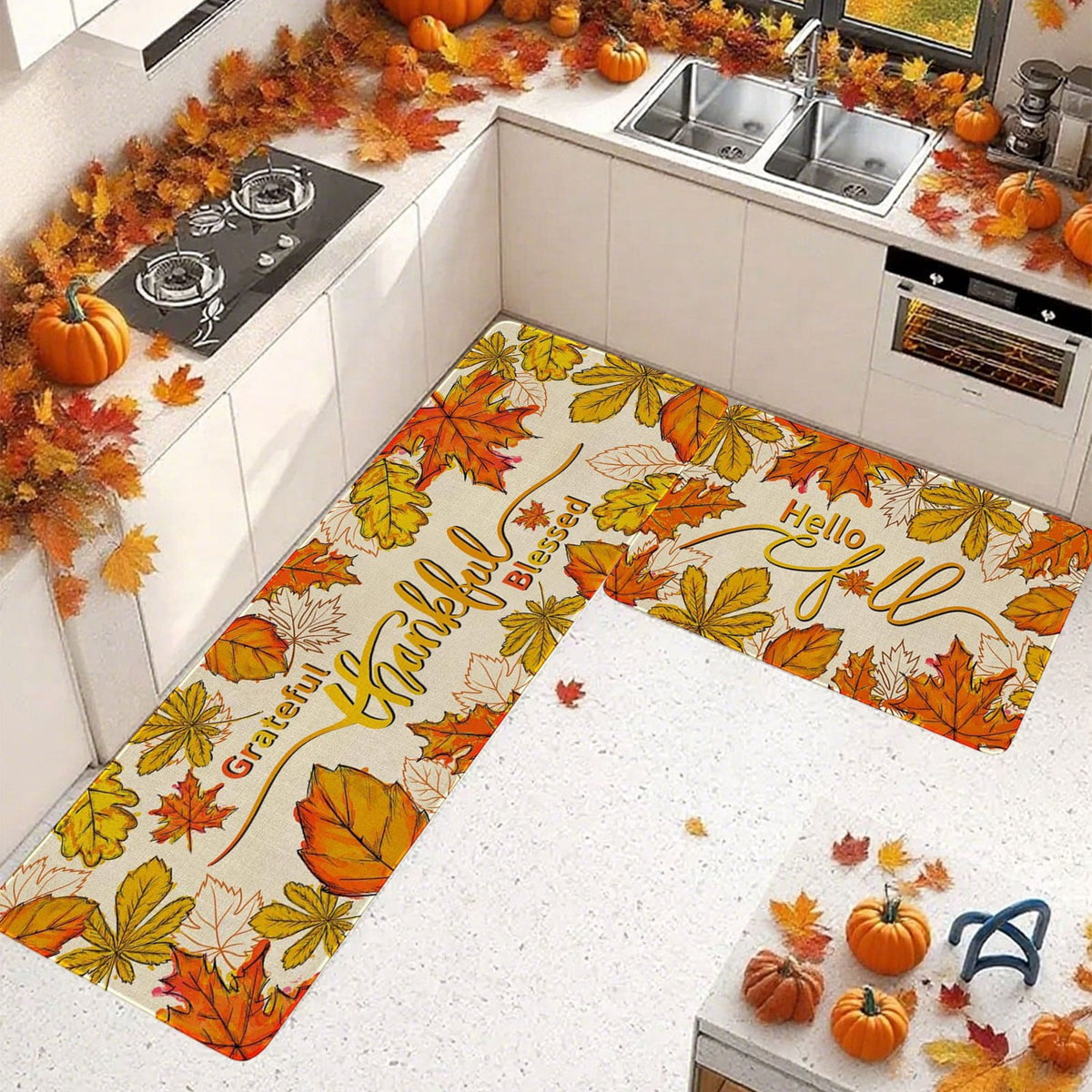 HOARBOEG Kitchen Floor Mat, Halloween Thanksgiving Fall Floor Mats 2-Piece Set - Non-Slip Pumpkin Maple Leaf Decor Rug for Bathroom Kitchen Porch Entrance, Holiday Home Decor