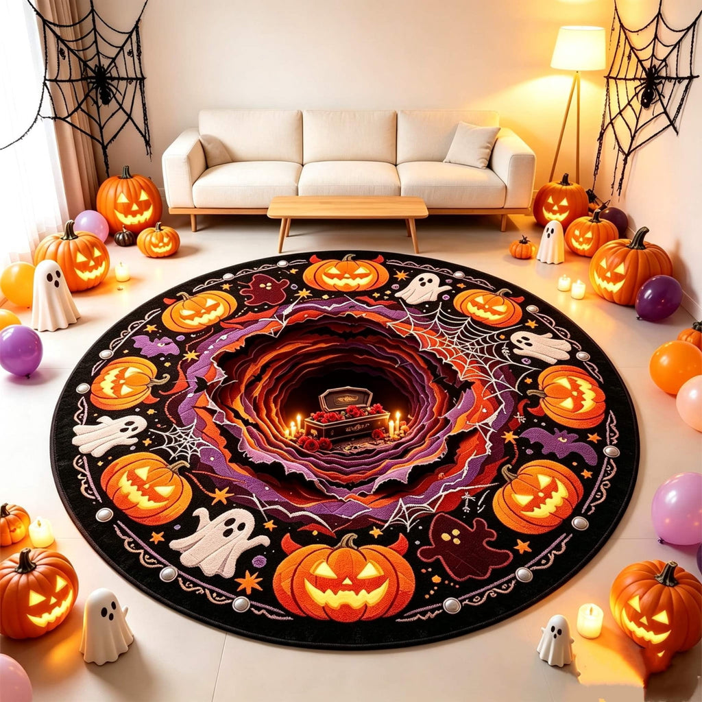 Halloween Round Rug Optical Ghost Pumpkin Mat 15.75in Diameter Polyester Skidproof & Soft for Entryway Bedroom Party by MPOISVA