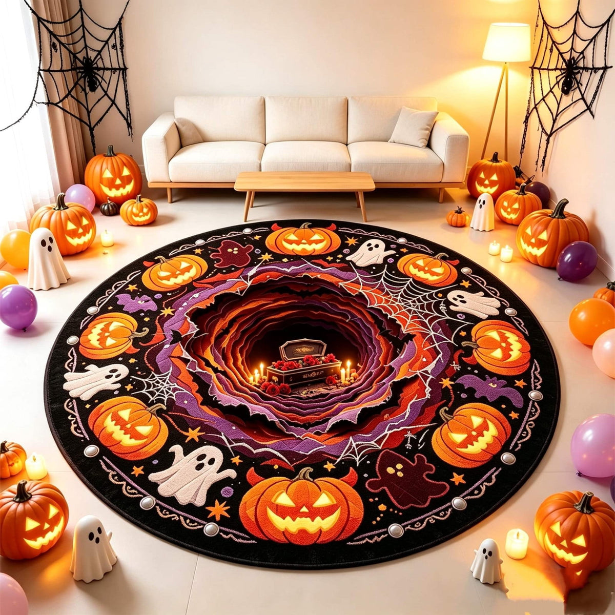 Halloween Round Rug Optical Ghost Pumpkin Mat 15.75in Diameter Polyester Skidproof & Soft for Entryway Bedroom Party by MPOISVA