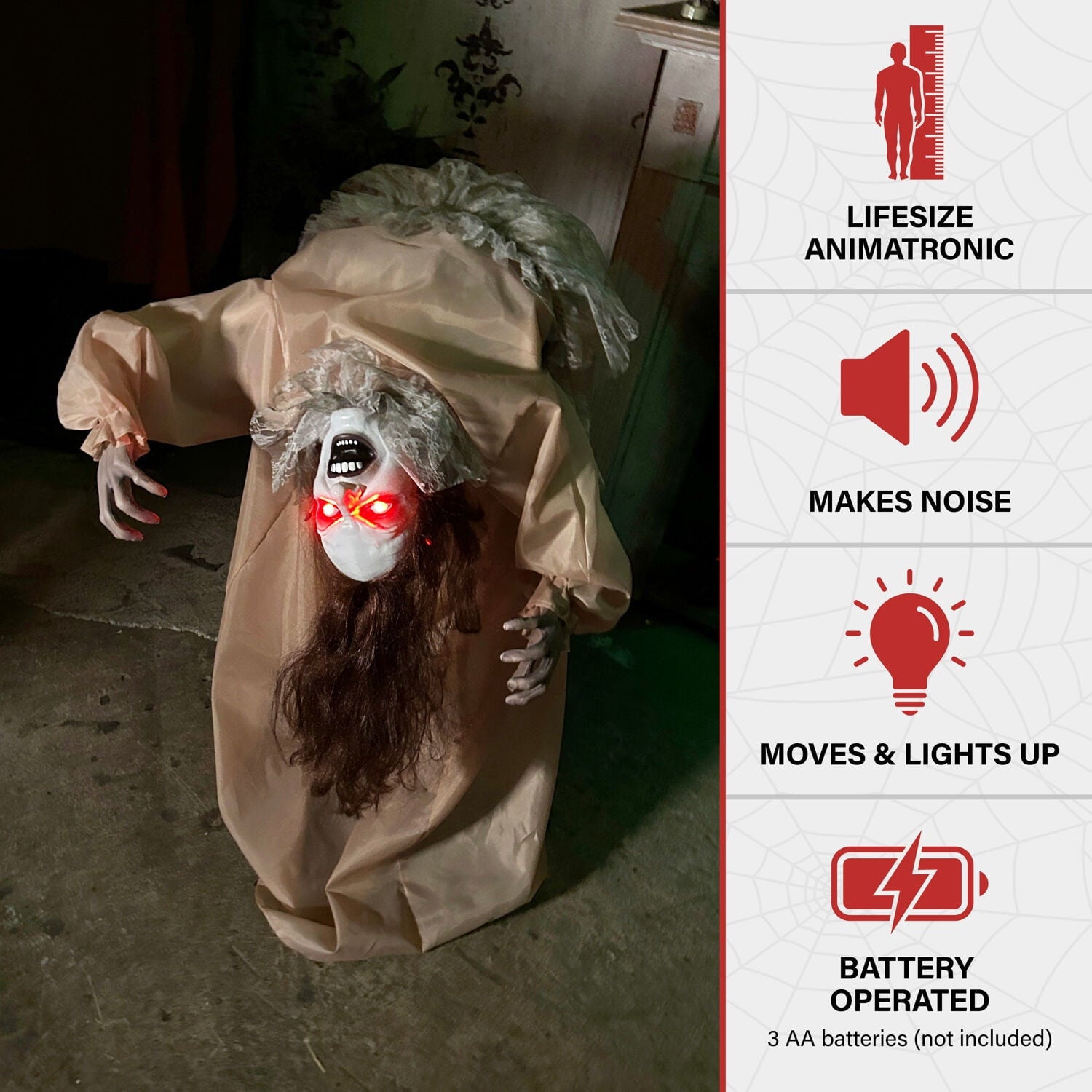 Haunted Hill Farm 3.4 ft Touch-Activated Animated Possessed Backbend Lady Halloween Animatronic, HHLADY-15FLSA