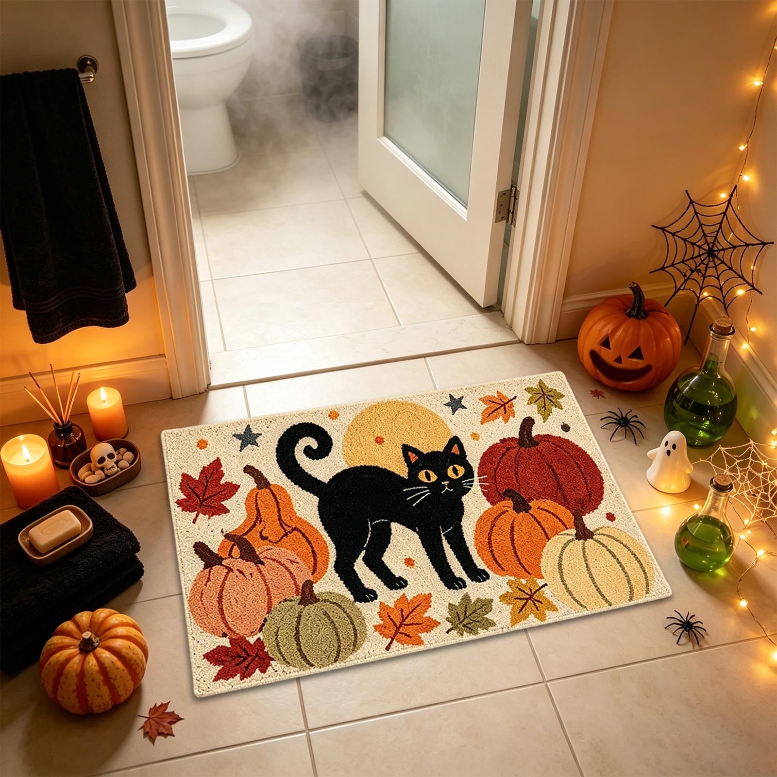 Halloween Decor Black Cat Doormat 15.75x23.62 Inch Fall Pumpkin Moon Design Non Slip Indoor Entrance Rug for Home Entryway Decor