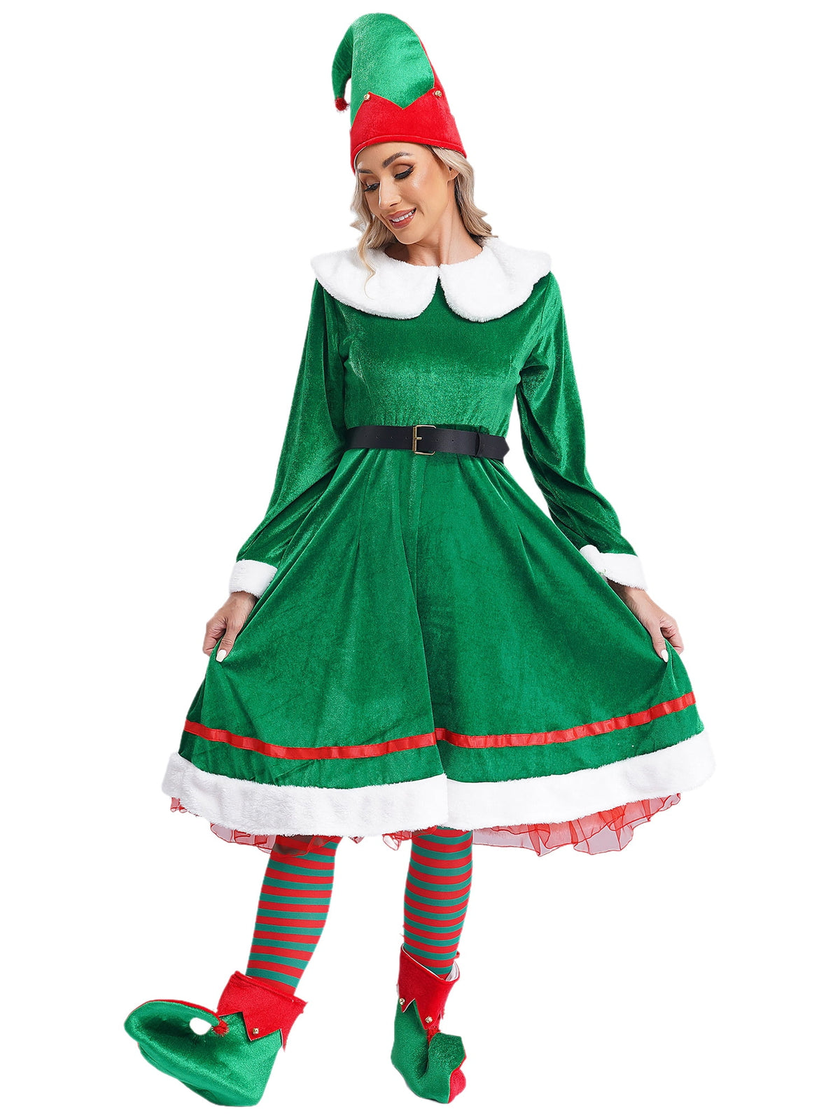 vastwit Womens Christmas Elf Dress Velvet Dress with Elf Hat Belt Striped Stockings Shoes Green L