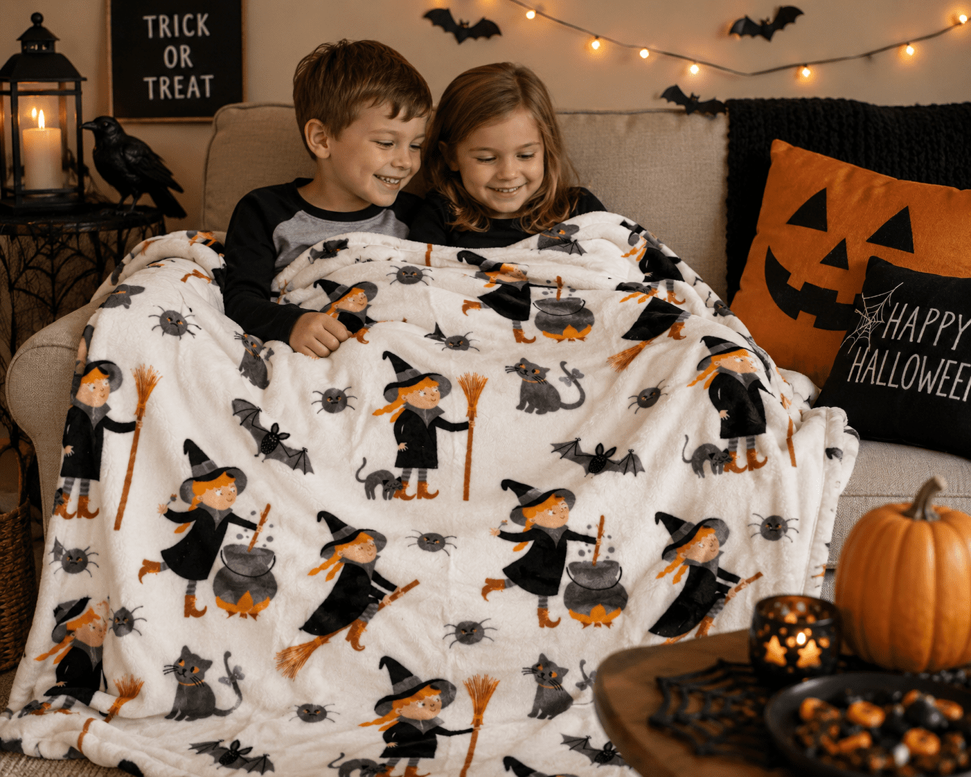 Serafina Home Halloween Throw Blanket: Fuzzy Boo! Jack O'Lantern Spider Webs Skull and Black Cats Print on Velvet Fleece for Sofa Bed Couch Chair Dorm