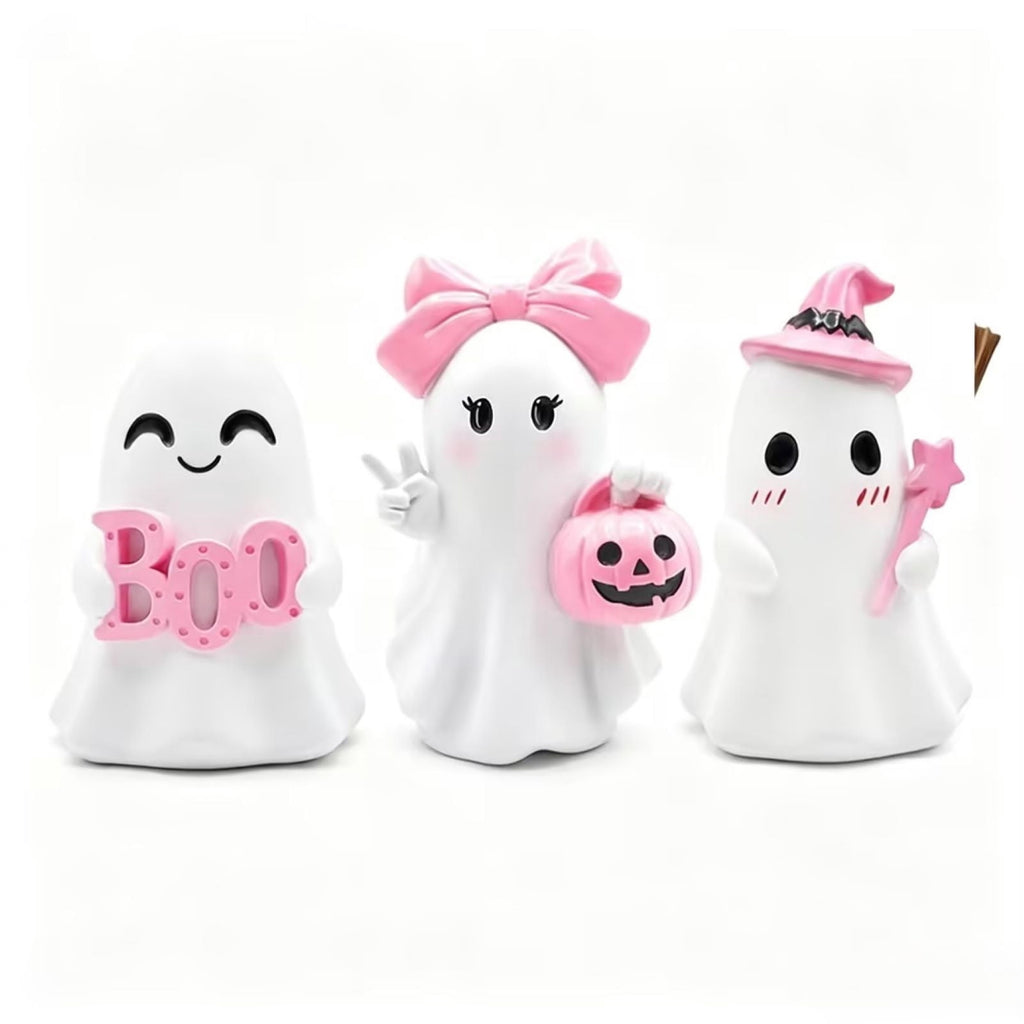 Pink Halloween Decor Ghost Candy Bowl Figurine with Bow and Scalloped Holder for Indoor Tabletop Decor and Party Favor Display