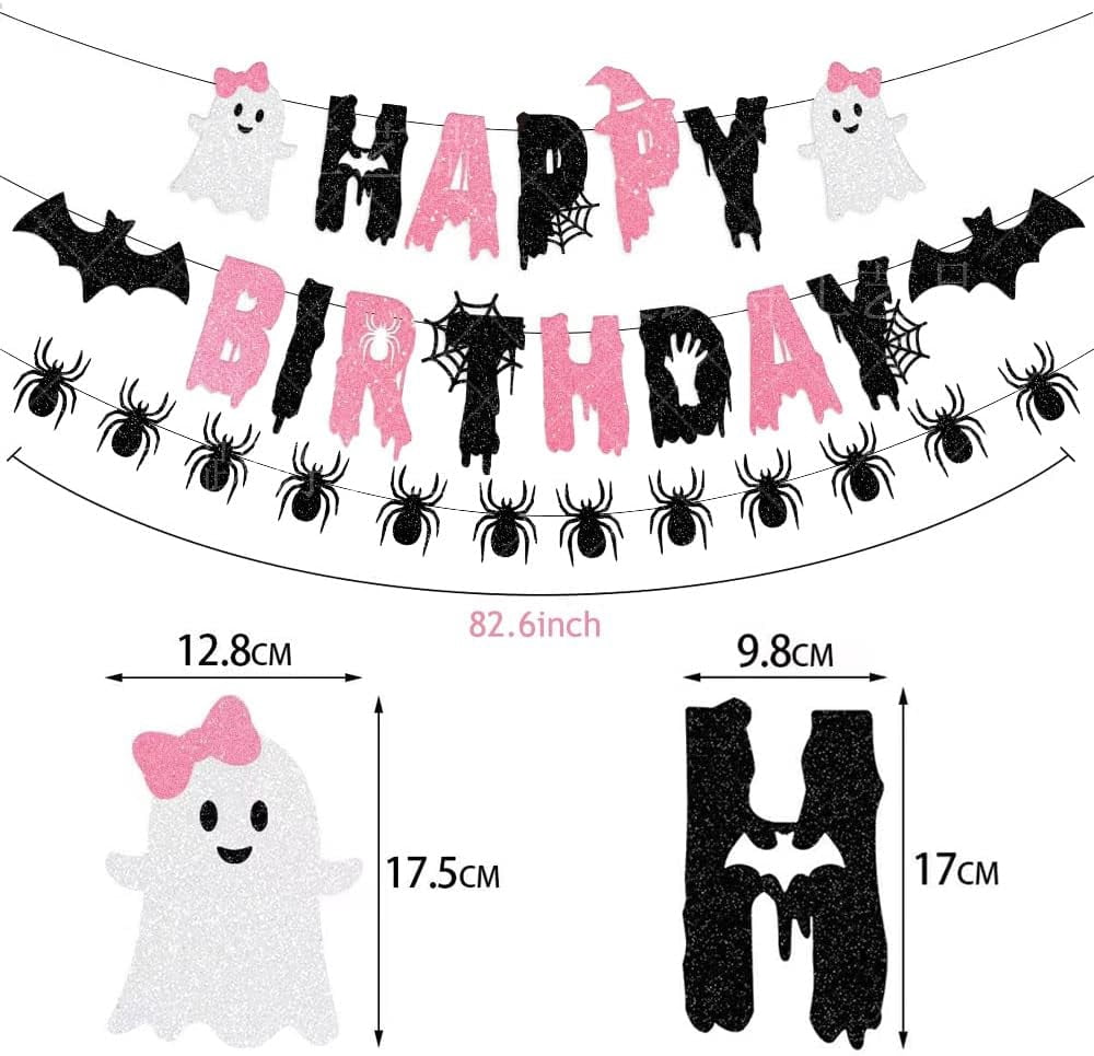 Halloween Birthday Party Decorations, Pink Black Glitter Happy Birthday Banner,Girl Halloween Birthday