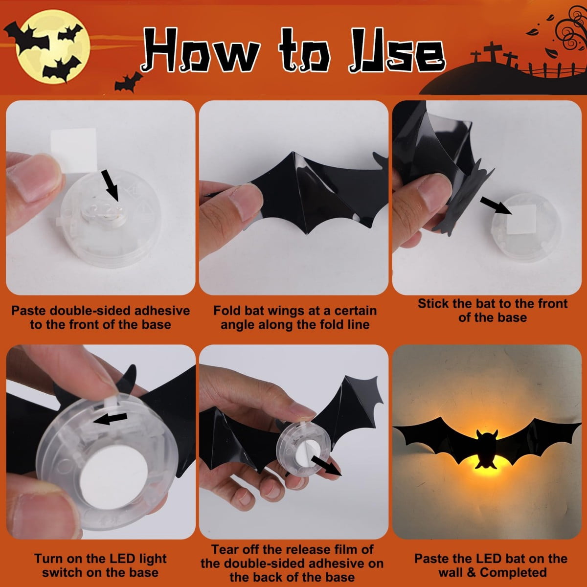 DUHKP 36 Pack Light Up Bats Halloween Decorations, Orange | 3D Stereoscopic Design, Removable Bat Wall Stickers, for Indoor Outdoor Windows & Home Parties
