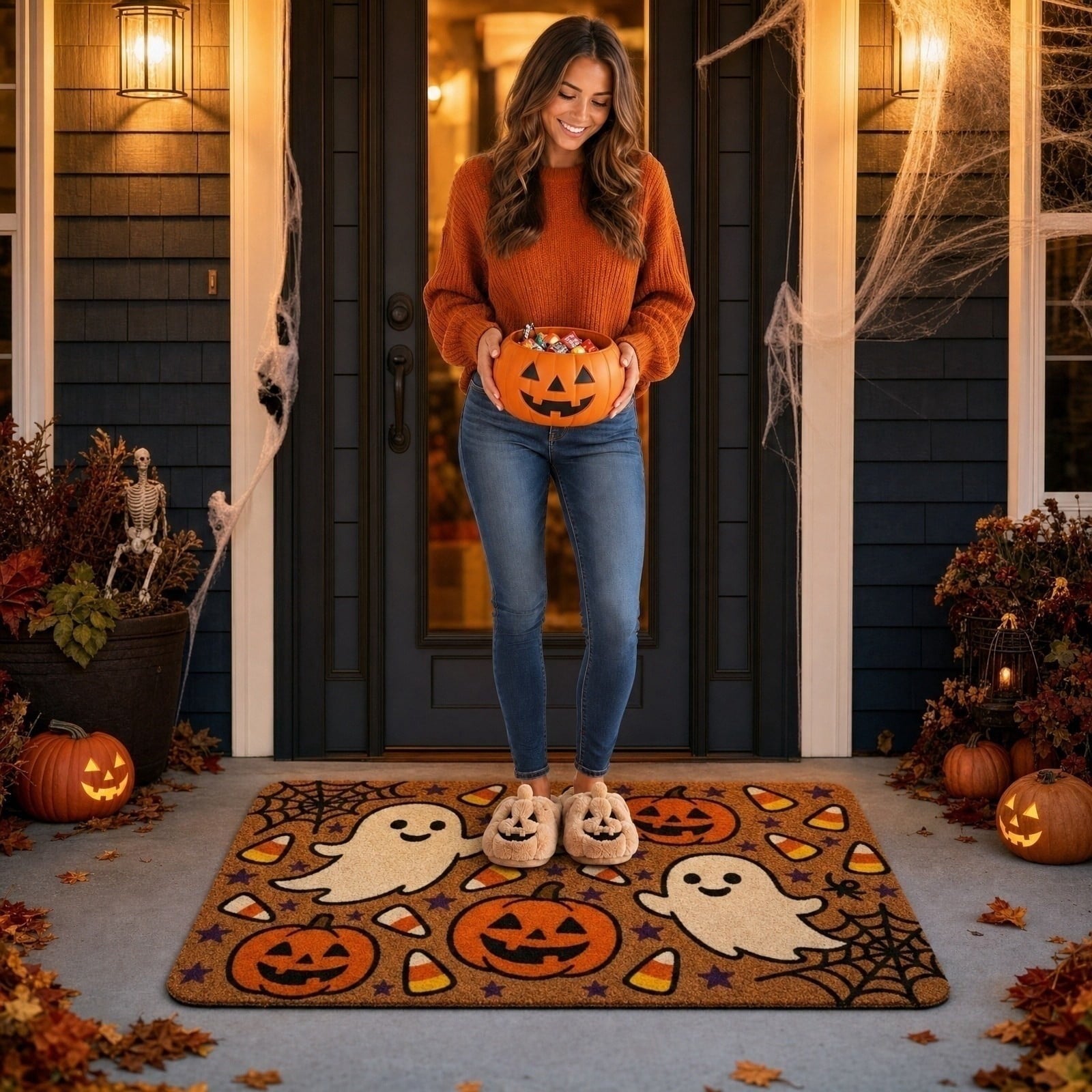 Halloween Coir Doormat 12.6x7.87in, Classic Print, Strong Dirt Removal, Non-slip Base, Washable Floor Mat for Entryway Patio Indoor Outdoor Use