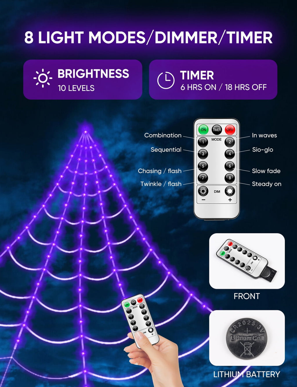 16.4Ft Large Spider Webs Halloween Decorations Lights, Outdoor Battery Operated Purple Halloween String Lights with 8 Modes Remote Control 125 LEDs Spiderweb,60" Large Spider,Waterproof (Purple)