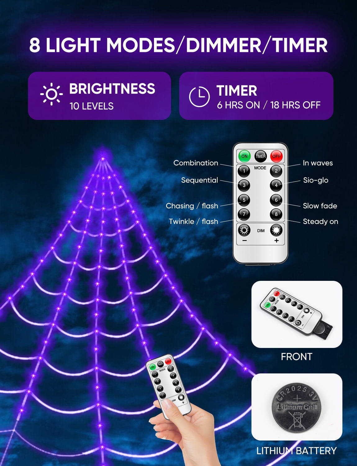 16.4Ft Large Spider Webs Halloween Decorations Lights, Outdoor Battery Operated Purple Halloween String Lights with 8 Modes Remote Control 125 LEDs Spiderweb,60" Large Spider,Waterproof (Purple)