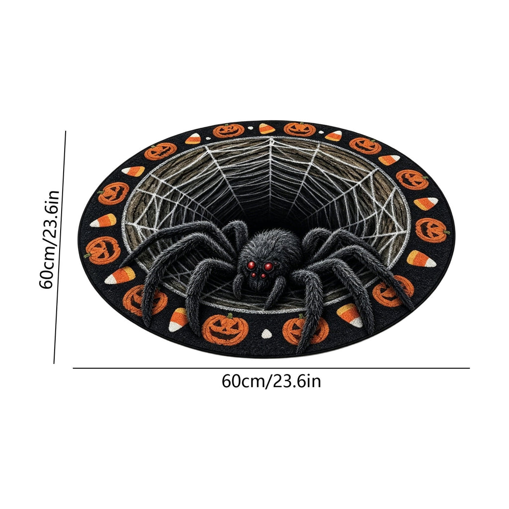 3D Optical Illusion Halloween Round Doormat,Vortex Tunnel Optical Illusion Printing Design,Giant Furry Red-Eyed Black Spider and White Spider Web,24"