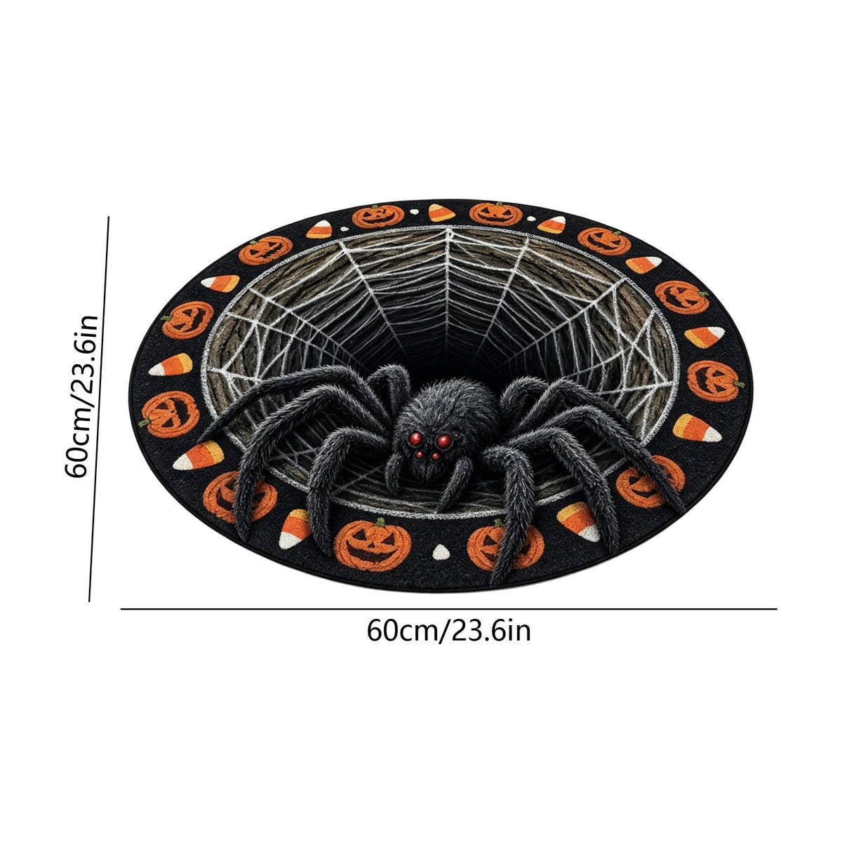 3D Optical Illusion Halloween Round Doormat,Vortex Tunnel Optical Illusion Printing Design,Giant Furry Red-Eyed Black Spider and White Spider Web,24"