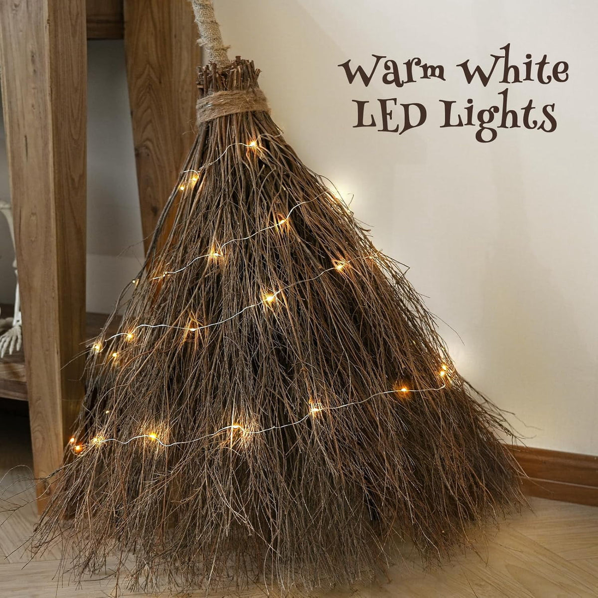 Halloween Decoration Indoor, 5.5 Ft Giant Light-Up Witches Broom, Rustic Halloween Decor for Porch, Yard, Front Door
