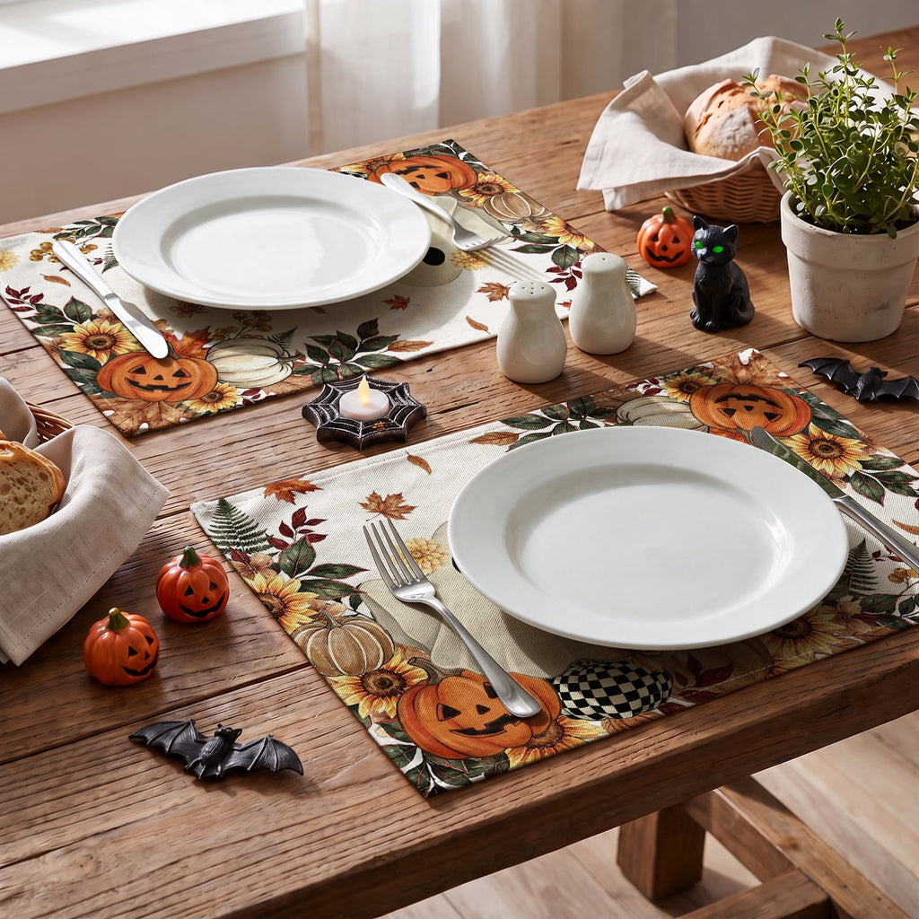 Smile Jack-O'-Lantern Spider Web Halloween Table Placemats Set of 4 Round 15 Inch Black