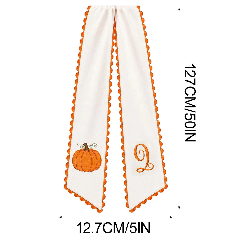 Pumpkin Embroidered Wreath Sash, 50 x 5 inch Orange Scalloped Lettered Ribbon for Halloween, Thanksgiving, Front Door, Seasonal Garland and Fall Home Decor, W