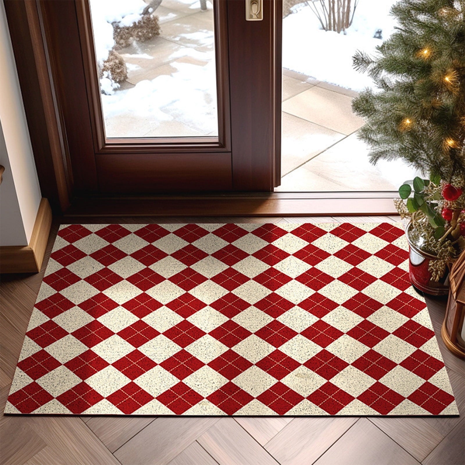 Orange Plaid Fall Outdoor Mat, Hand-Woven Porch Rug for Thanksgiving Halloween Door Decor