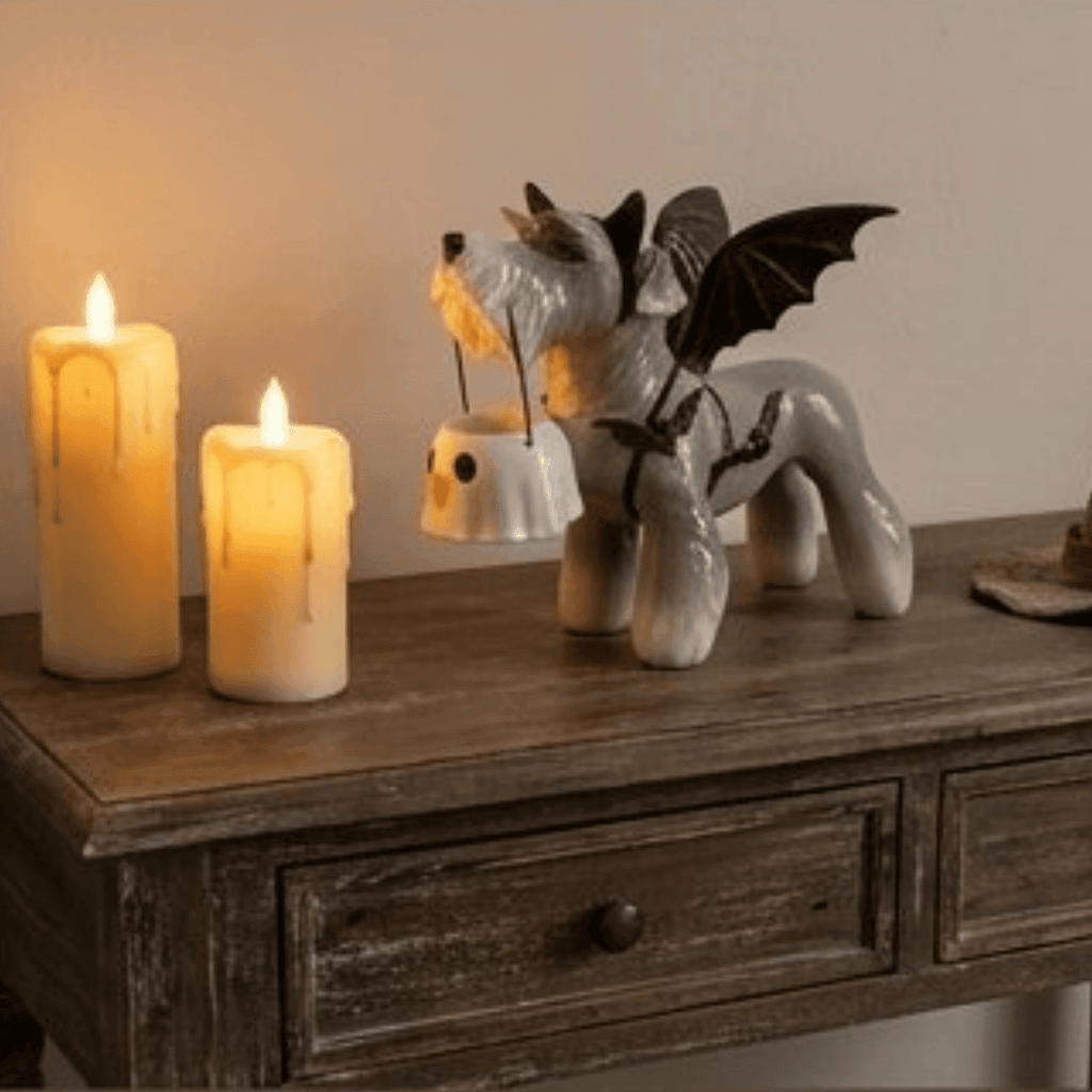 Clearance Halloween Schnauzer Bat Figurine with Ghost Bucket, 8 inch Resin Cute Dog Gifts Tabletop Decor