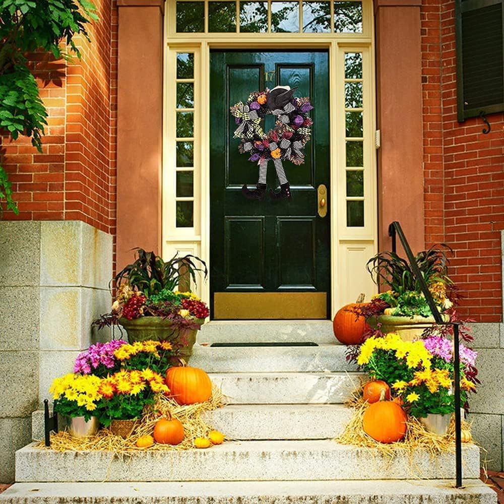 Halloween decorations,Halloween Wreath Front Door,24'' Witch Wreath,Witch's Hat And Legs Hanging Leg Pumpkin Maple Leaf Decor Unique Decoration,halloween decorations for Door or Interior Wall Decor