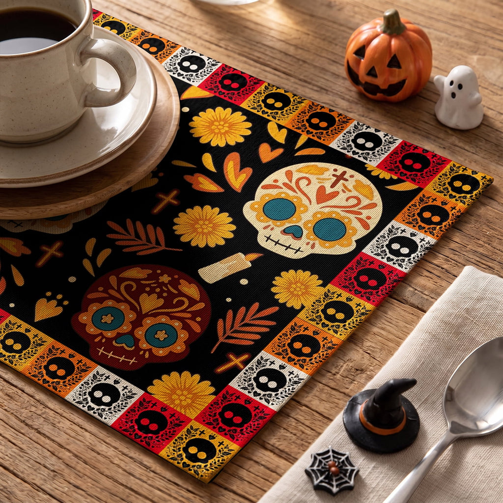 Smile Jack-O'-Lantern Spider Web Halloween Table Placemats Set of 4 Round 15 Inch Black
