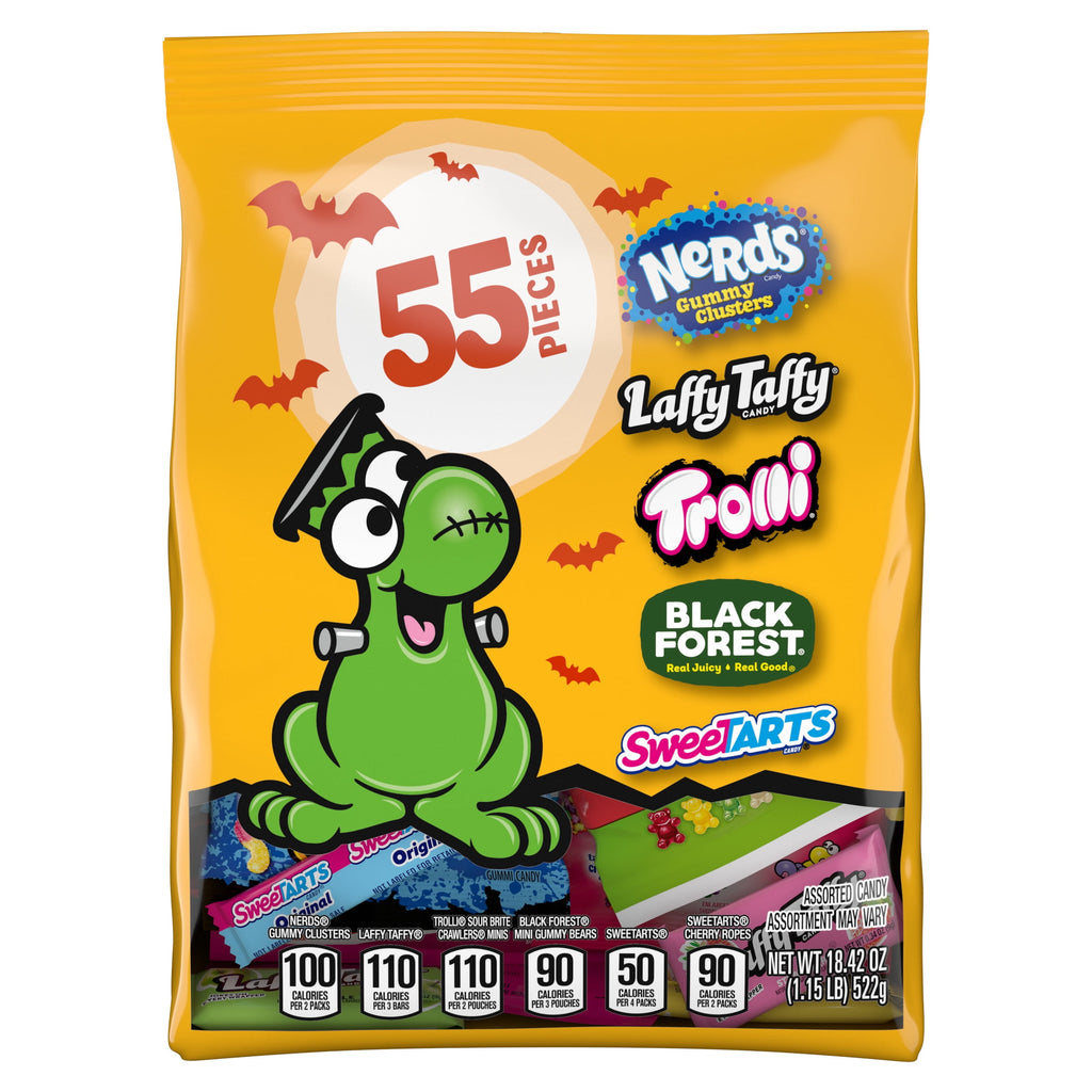 Nerds Fruity Chewy Halloween Trick-or-Treat Variety Bag, NERDS Gummy Clusters, SweeTARTS, Trolli, Laffy Taffy, and Black Forest, 55 Pieces, 18.42 Ounces