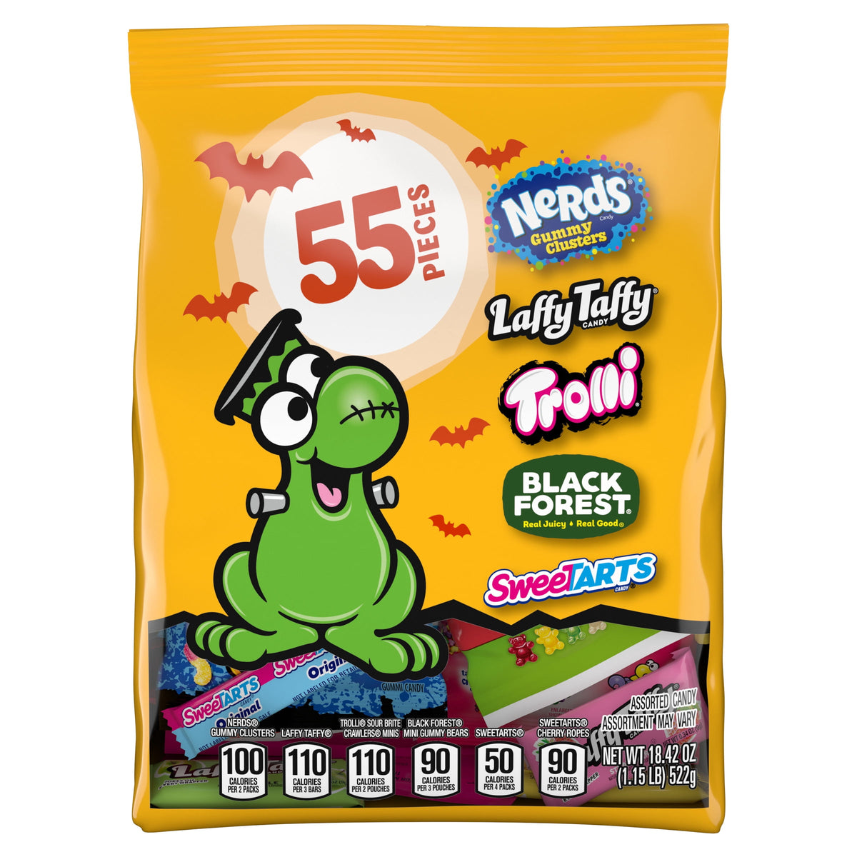 Nerds Fruity Chewy Halloween Trick-or-Treat Variety Bag, NERDS Gummy Clusters, SweeTARTS, Trolli, Laffy Taffy, and Black Forest, 55 Pieces, 18.42 Ounces