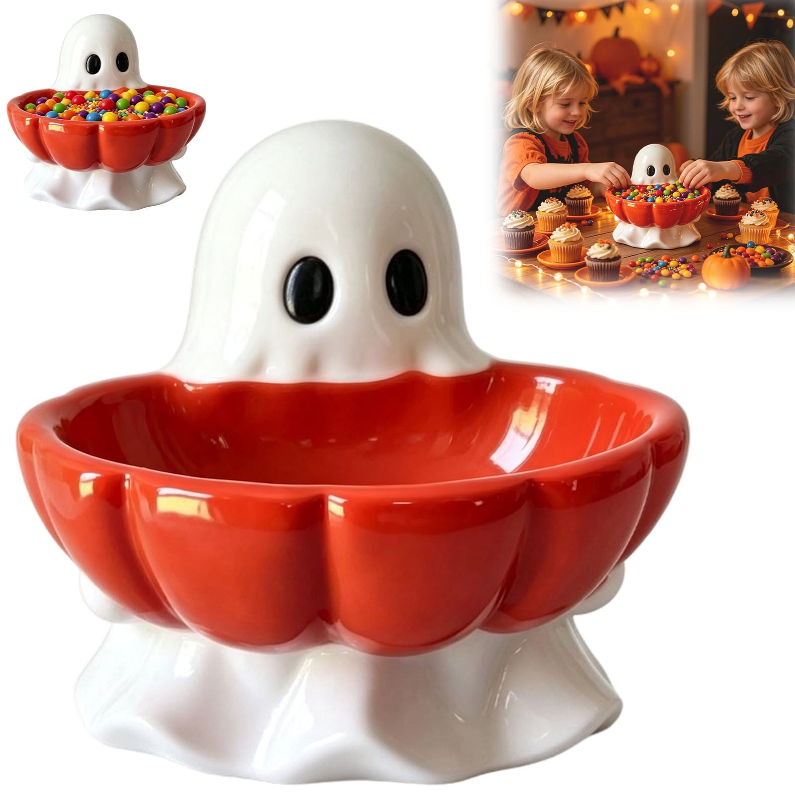 Pink Halloween Decor Ghost Candy Bowl Figurine with Bow and Scalloped Holder for Indoor Tabletop Decor and Party Favor Display