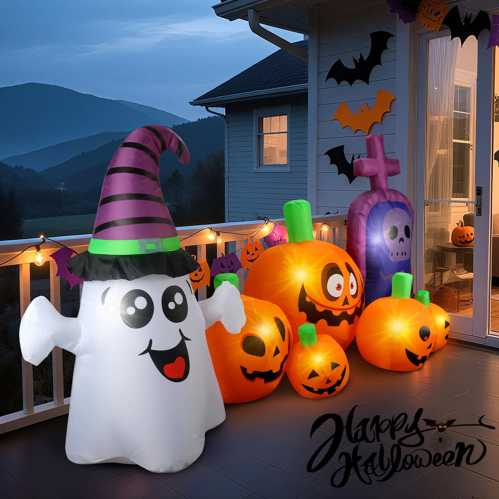 MAGOTAN 9 FT Halloween Inflatables Archway Outdoor Decorations Pumpkin Ghost Archway Halloween Inflatable Blow Up Pumpkin Tombstone Decoration Build-in LED Lights