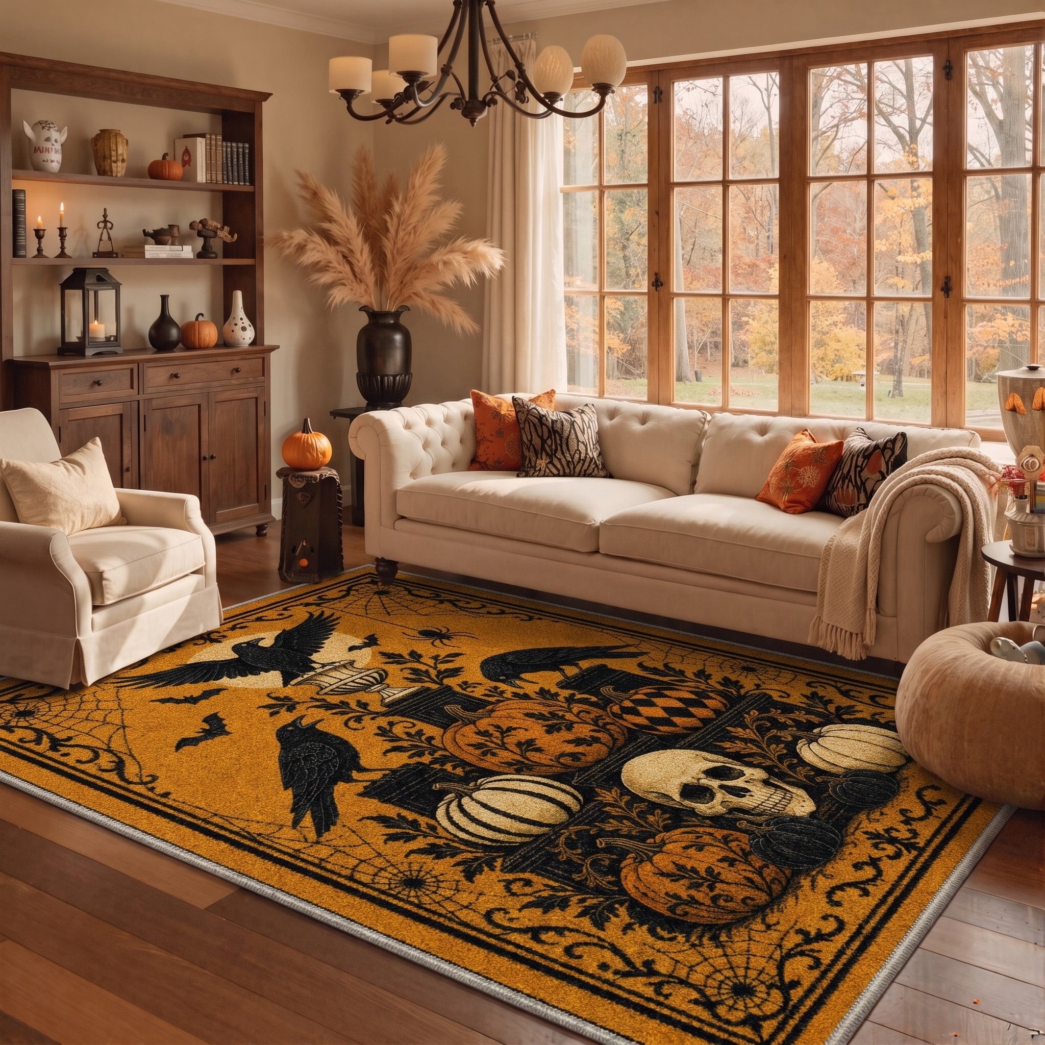 GENIMO 2'x7' Halloween Runner Rug, Washable Non Slip Soft Gothic Raven Indoor Outdoor Hallway Runner for Porch Patio Kitchen Entryway, Rust Orange