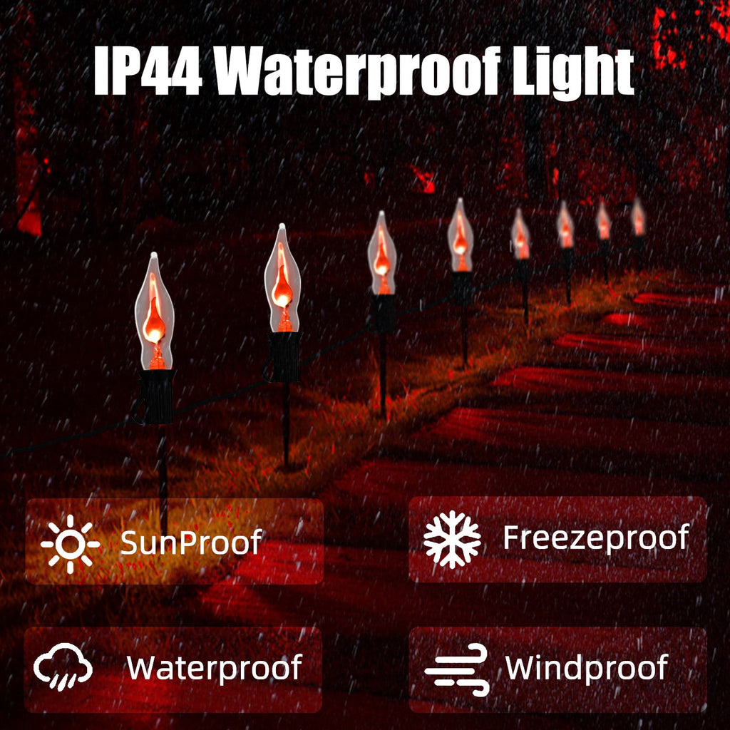 Halloween Lights Flickering Flame String Lights with 12 Pack C7 Orange Flame Light Bulbs (2 Spare), 12.8Ft Orange Flame String Lights for Indoor Outdoor Home Party Yard Halloween Decorations