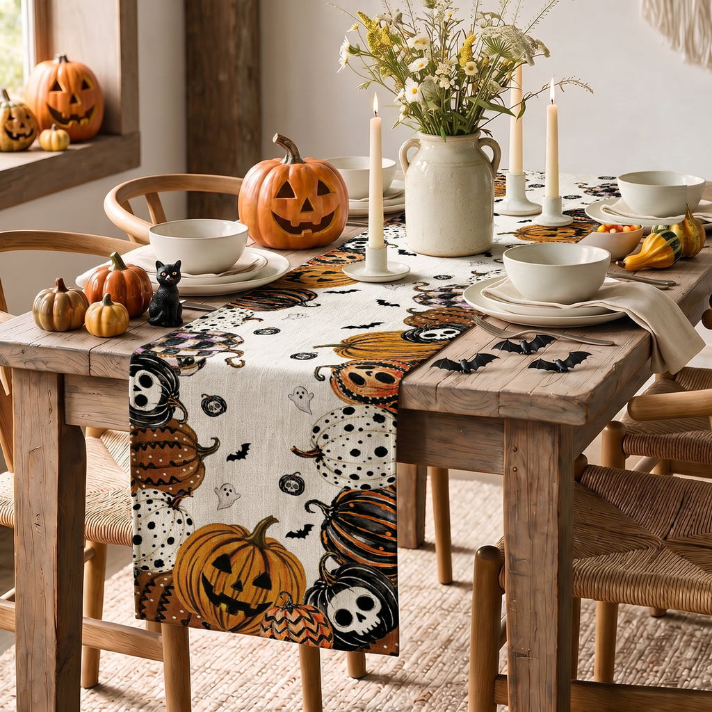 Sm:)e Halloween Table Runner Ghost Pumpkin 13x72 Inch, Halloween Party Kitchen Dining Indoor Outdoor Decorations,Orange
