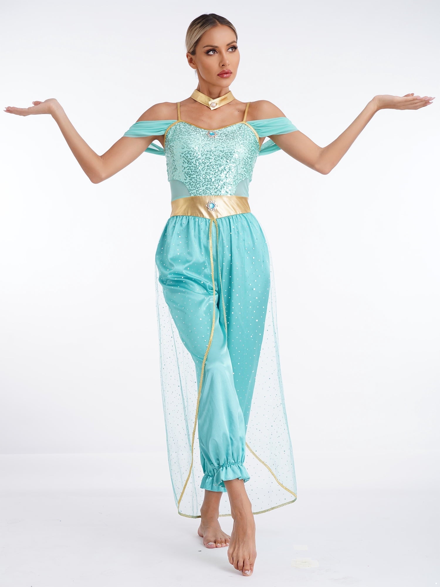 YiZYiF Women's Arabian Princess Dance Costume Halloween Party Fancy Dress Shiny Belly Dance Jumpsuit Turquoise B 4XL