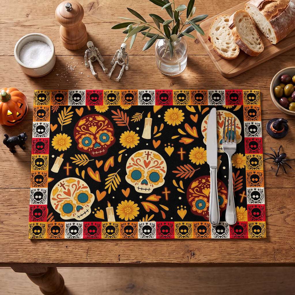 Smile Jack-O'-Lantern Spider Web Halloween Table Placemats Set of 4 Round 15 Inch Black