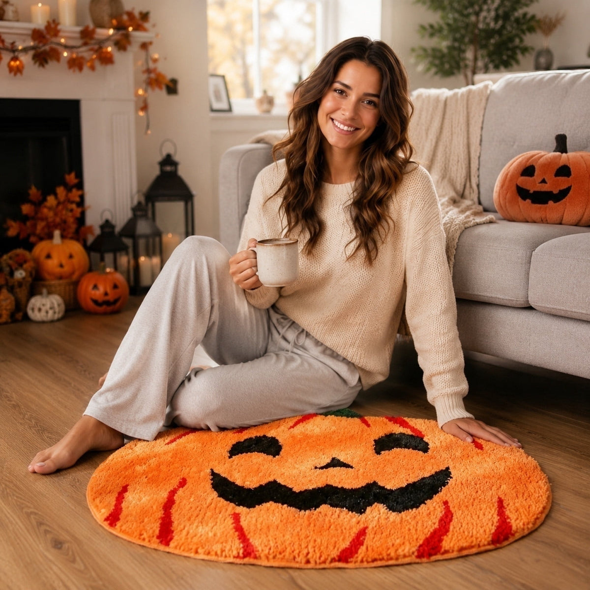 Halloween Pumpkin Bath Mat, Halloween Bathroom Decor Rug, Soft Non Slip Absorbent Floor Mat for Bathroom, Bedroom & Entryway, Halloween and Fall Decor, Jack O Lantern Door Mat
