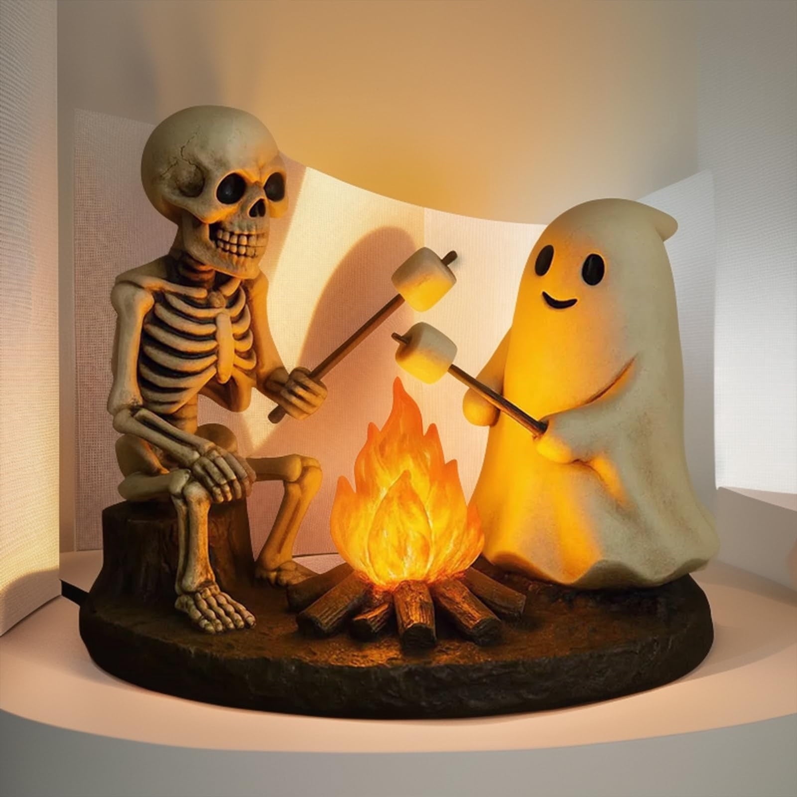 YZEGDCH Halloween 3D Ghost Campfire Flickering Night Light 2 Funny Roasting Marshmallows at Campfire LED Electric Faux Flameless Campfire Nightlight Funny Halloween Decor