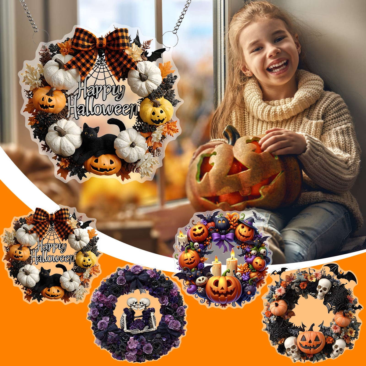 Btomtd Diameter 8" Pumpkin Skull Wreath Halloween Decor Acrylic Round Disk Hanging Ornament with Garland for Front Door Window, B