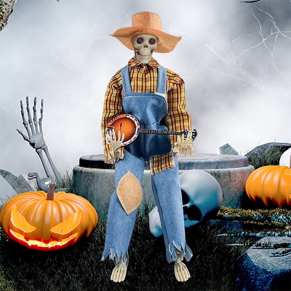 15" Animated Banjo Cowboy Skeletons with Clothes and Hat for Party Shelf Halloween Decorations(Red)