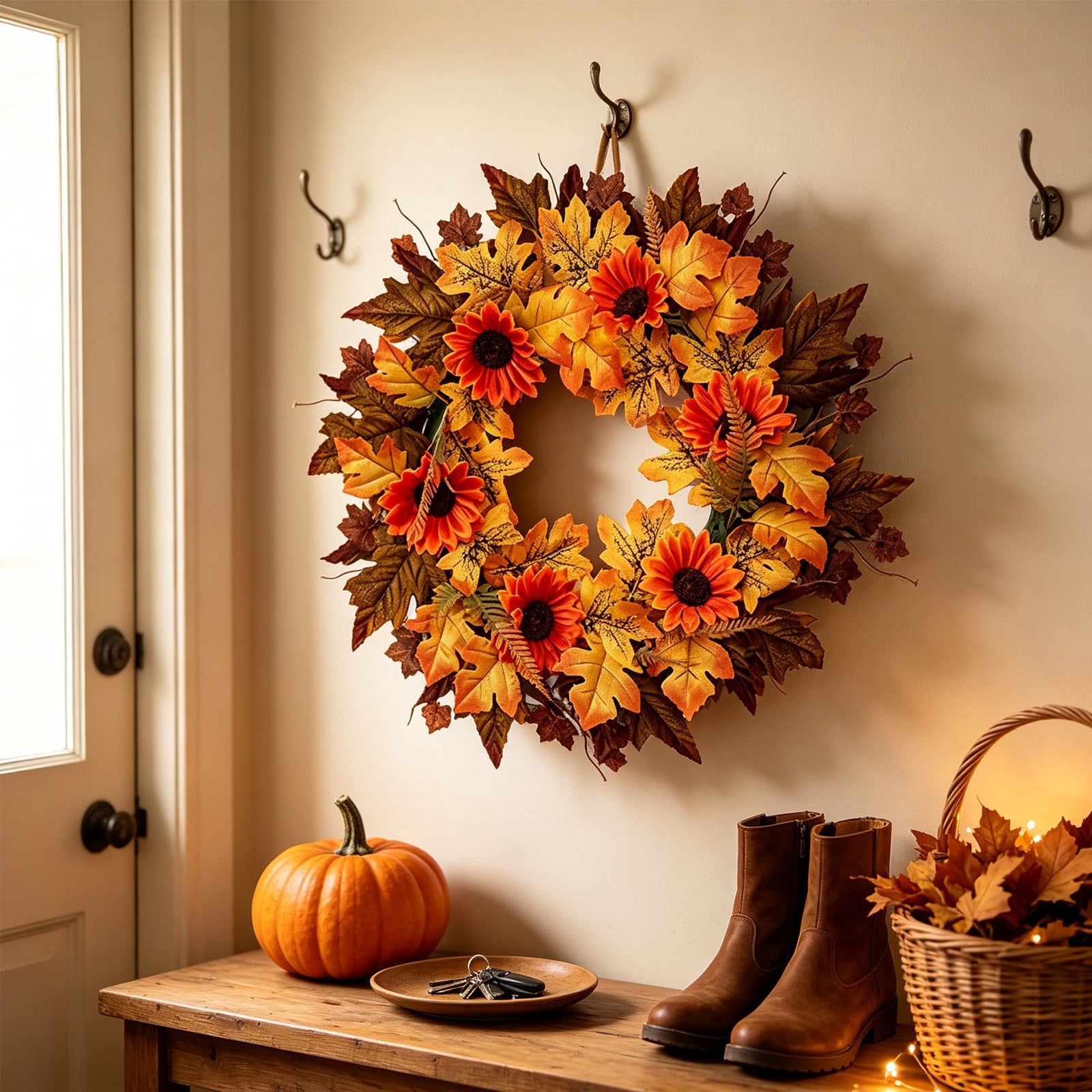 HOARBOEG Handmade Wrought Iron Maple Leaf Wreath, Thanksgiving Rudolph Fall Harvest Door Hanging, Orange Metal Autumn Wreath with Berries, Garden Wall Decor, 15.75 in