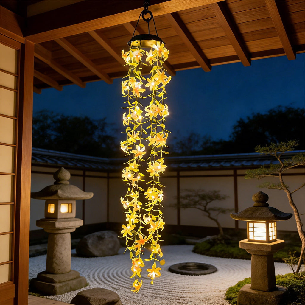 Solar Flower Hanging Wind Chime Light,Waterproof Outdoor LED Pendant Lamp,Solar Powered Auto Charging Warm Glow Light,Decorative Hanging Lantern for Garden Patio Balcony Yard Tree