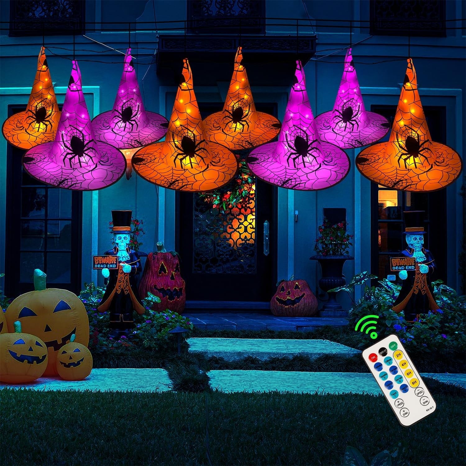 Halloween Decorations 8 Pcs Lighted Hanging Witch Hats, Remote Control with 8 Modes Light Up 14 FT Halloween String Lights, for Indoor Outdoor Yard, Lawn, Graveyard Scenes Party