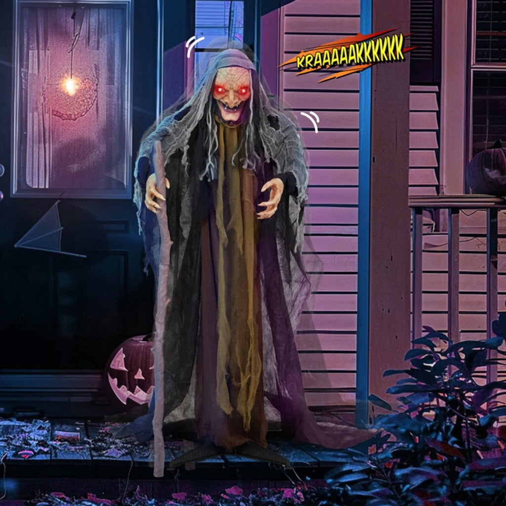 Alvantor Halloween Animated Decorations - 5.3 FT Sensor-Activated Animatronic Witch with Staff, LED Eyes and Swaying Motion