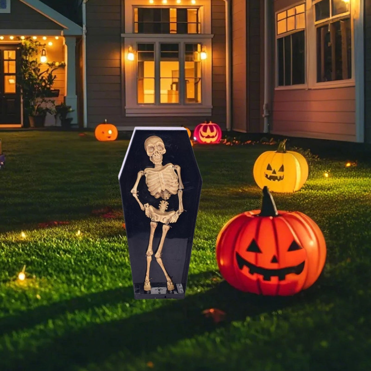 Halloween Dancing Coffin Skeleton with LED Lights Animated Prop Voice Activated Decorations with Spooky Music and Glowing Effects Scary Jumping Skeleton for Haunted House Yard Cemetery Party Decor