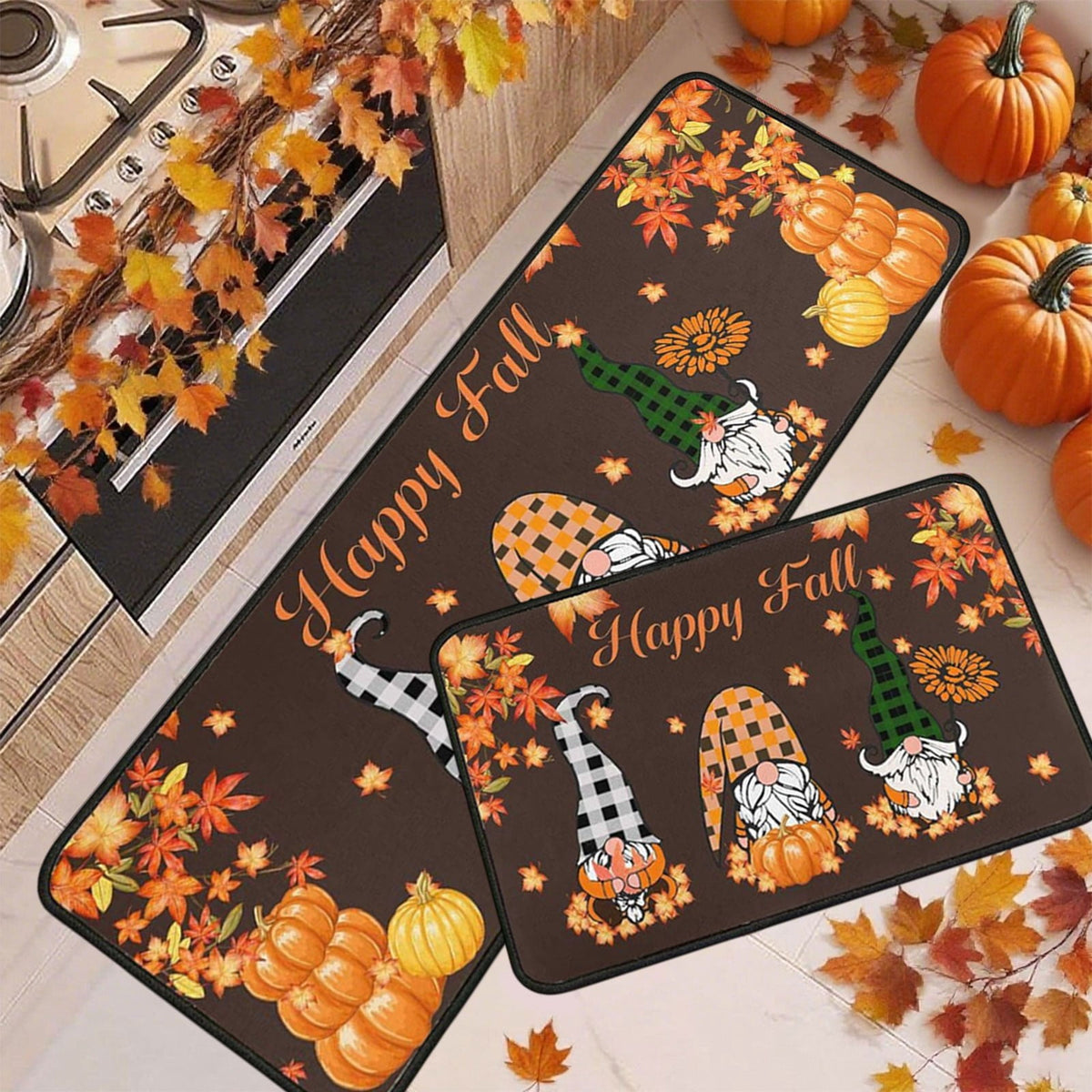 RBCKVXZ 2 Pieces Fall Kitchen Rugs Halloween Thanksgiving Pumpkin Sunflower Orange Maple Leaf Mat Floor Rug for Holiday Autumn Home Decor, 17 x 29 Inches, 17 x 47 Inches