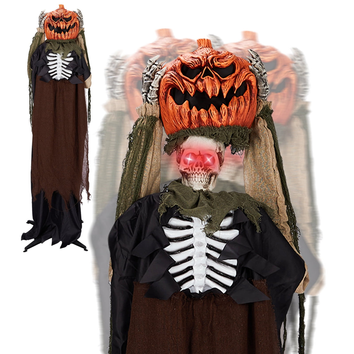 UBesGoo 6' Ghost with The Pumpkin Head Halloween Animated Animatronic Decoration, Halloween Pumpkin Skeleton Outdoors