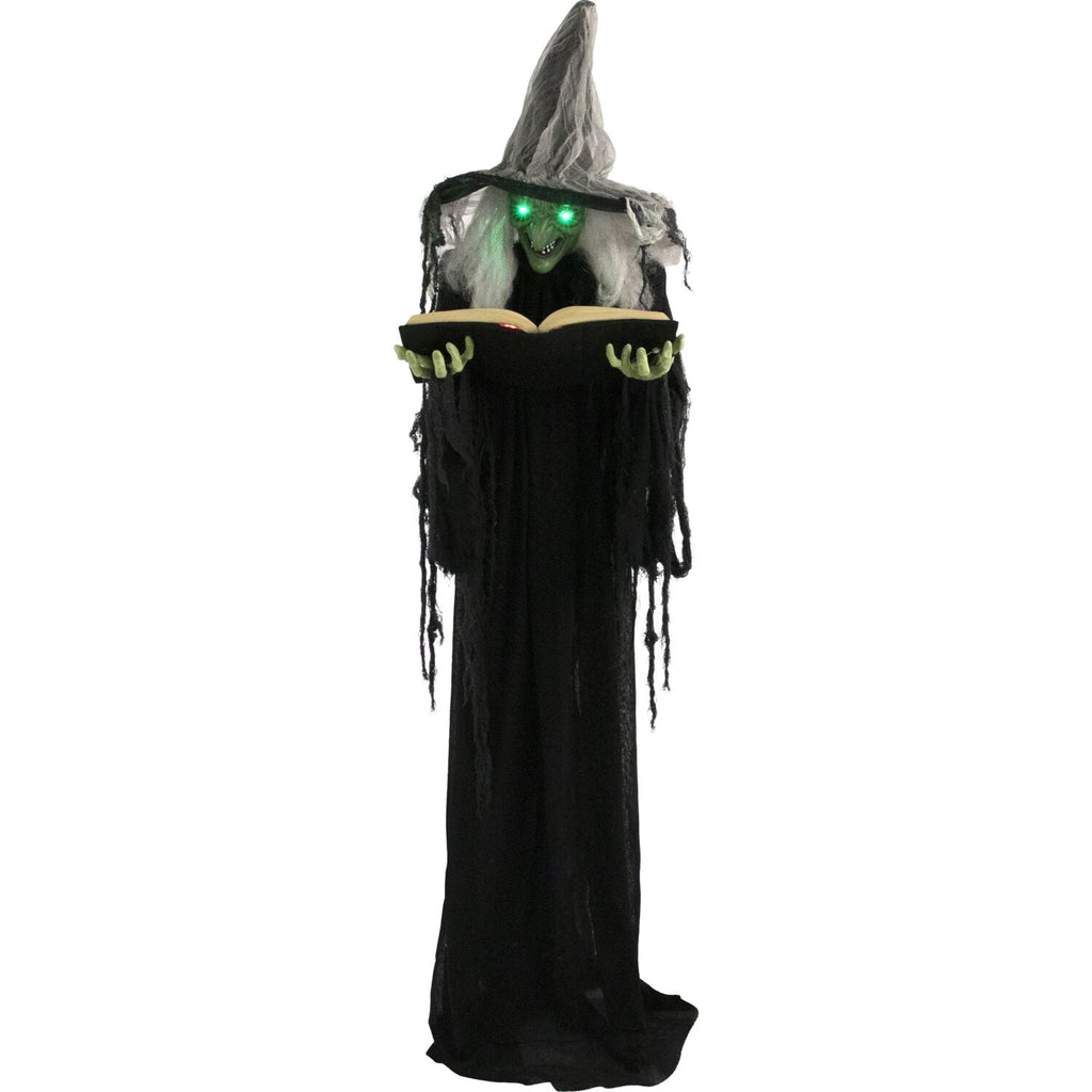 Haunted Hill Farm 5.5 ft Poseable Witch with Spell Book, Lights and Sound, Indoor/Covered Outdoor Halloween Decoration, HHWITCH-9FLS