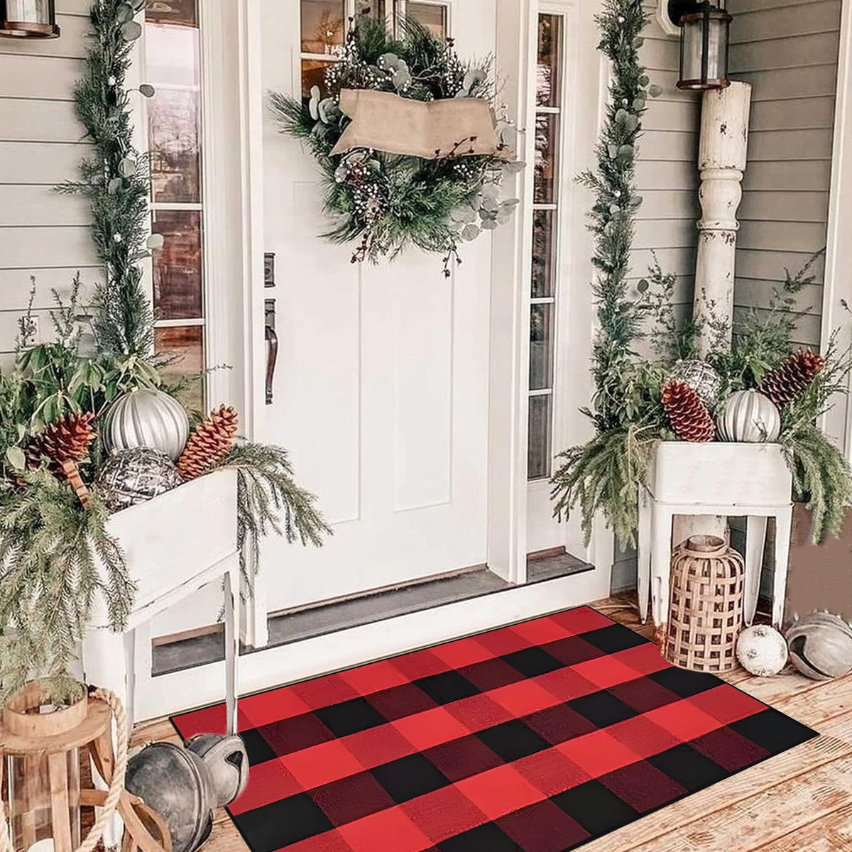 Orange Plaid Fall Outdoor Mat, Hand-Woven Porch Rug for Thanksgiving Halloween Door Decor