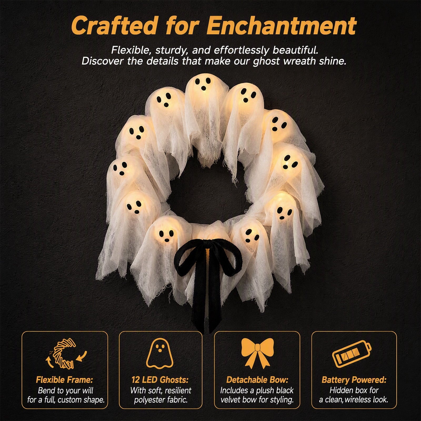 Halloween Glowing Ghost Wreath, Light-up Spooky Wreath with 12 Ghost Decor, RC, 6H Timer, Ideal for Halloween Party (A 12x3inch)