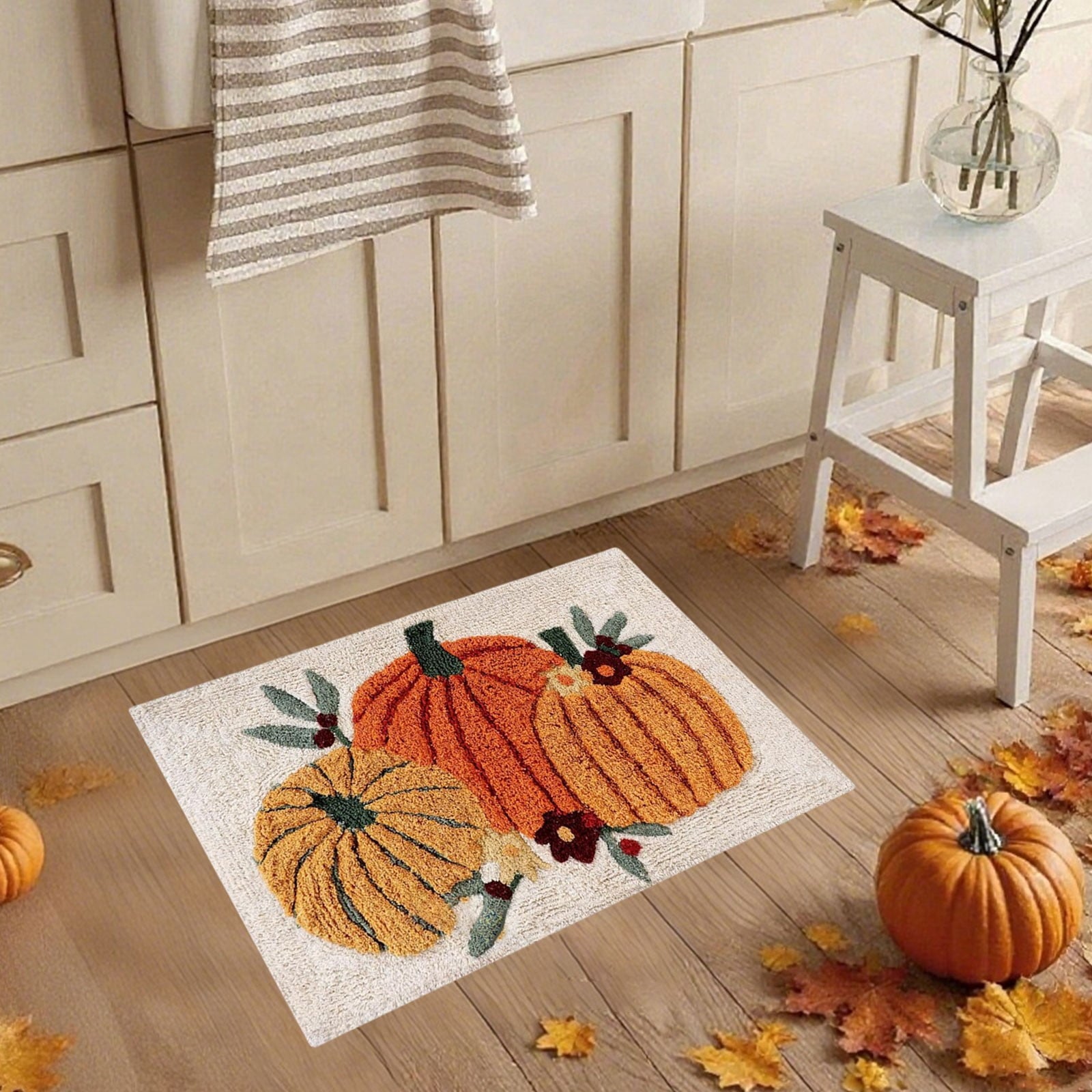 Fall Bathroom Rug Cute Pumpkin Shape Bath Mat Autumn Orange Non Slip Shower Rugs Foot Mat Front Door Mat Carpet Floor Rug for Kitchen Bedroom Living Room Family Decor